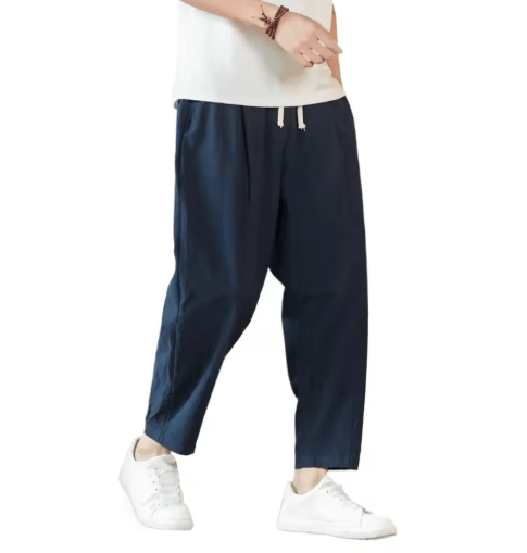 Mens Cotton Linen Casual Pants Breathable Loose Straight Leg Drawstring Streetwear Trousers