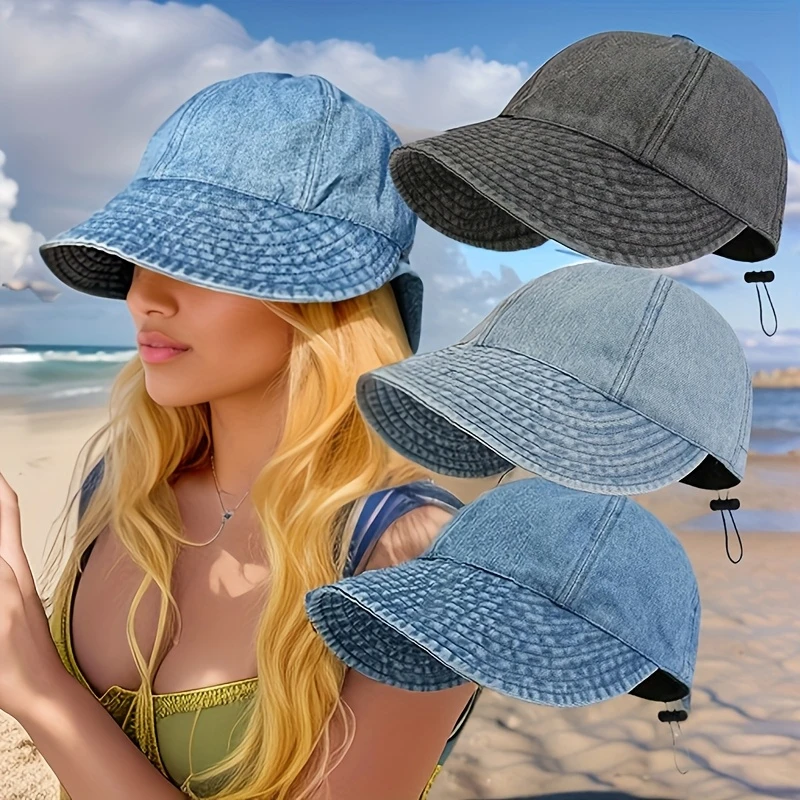 Adjustable Summer Sun Cowboy Hat, Foldable Wide Brim Women Bucket Hat, UV Protection Panama Ponytail Cap for Outdoor