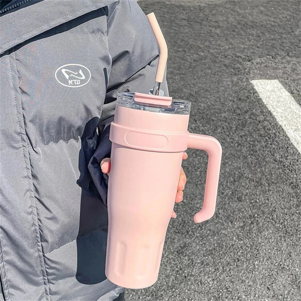 38.55oz Stainless Steel Insulated Ice Tumbler With Handle and Straw High Capacity Car Insulation Coffee Cup