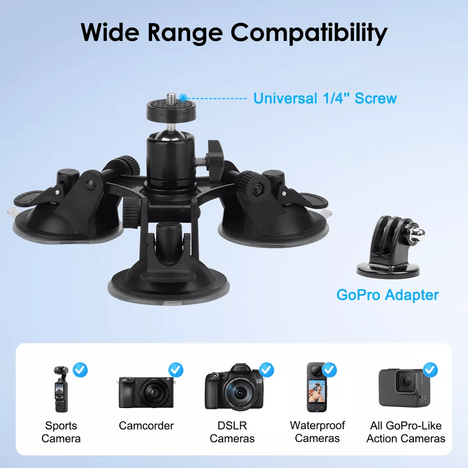 GoPro Car Mount with Triple Suction Cups for Hero, Strong Windshield Camera Holder