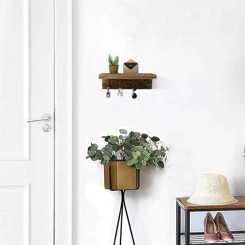 Farmhouse Rustic Wood Key Holder Wall Shelf with Hooks