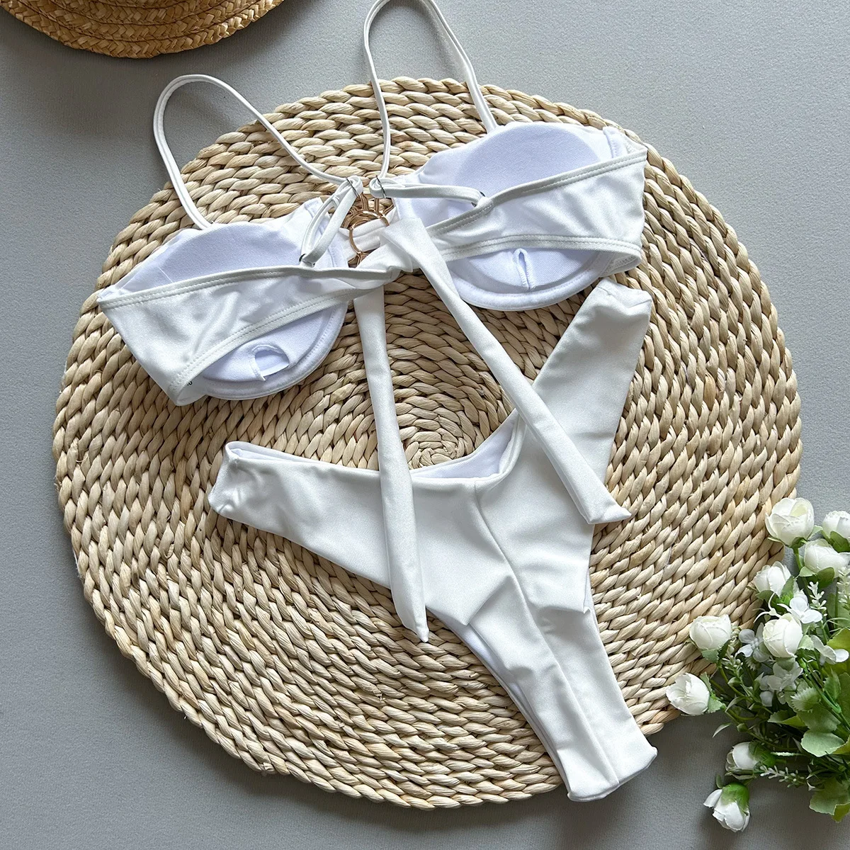 Sexy Metal Sun Ornament Bikinis Sets Women Black White Push Up Underwire Micro Swimsuit 2025 Brazilian Bathing Suit Swimwear