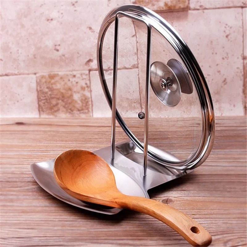 Stainless Steel Pan Pot Cover Stand – Silver Soup Spoon Holder & Drain Rack Stove Organizer