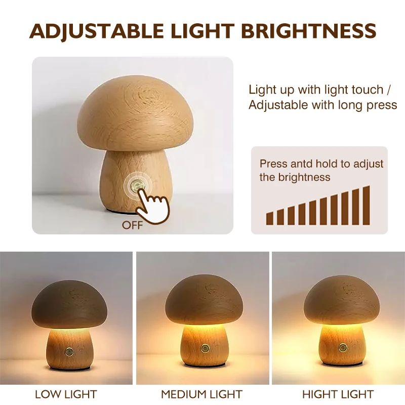 Wooden Mushroom Night Light Touch Control Dimmable Bedside Lamp