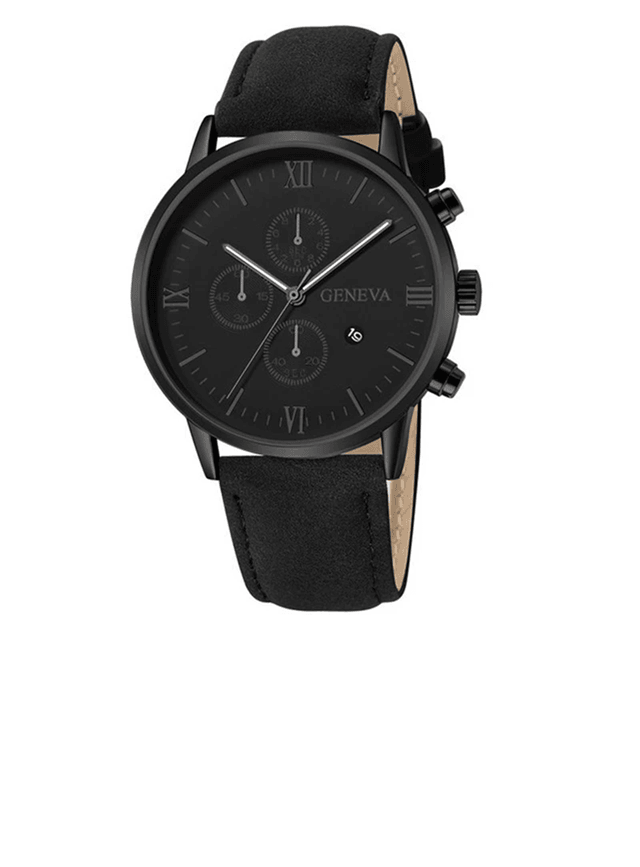 Mens Casual Leather Quartz Watch with Calendar