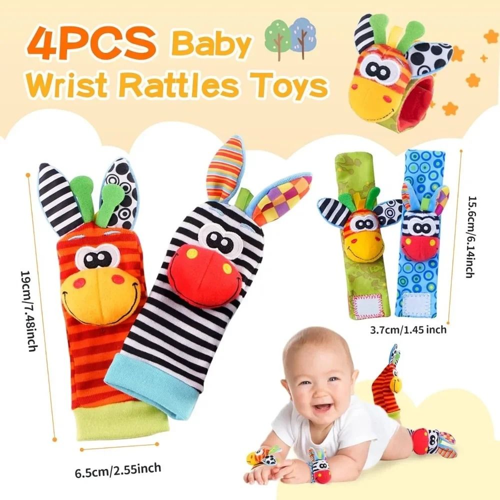 4Pcs Baby Rattles Toys Animal Socks and Wrist Strap Set for Infants 0-12 Months
