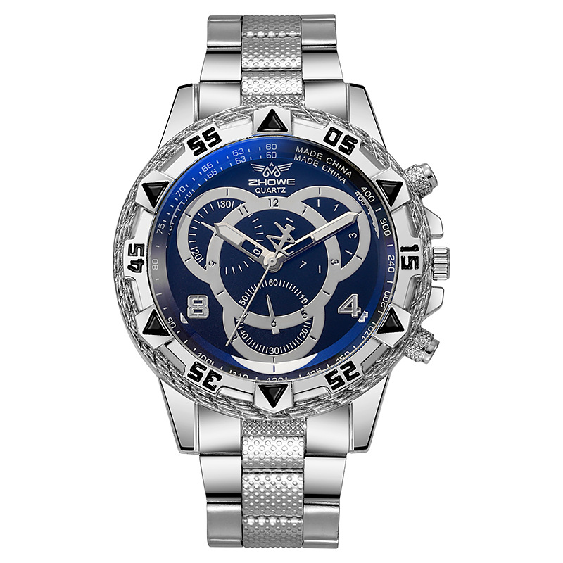 Men's Quartz Watch Classic Business Wristwatch Luxury Alloy Steel Strip Blue Light Large Dial Three Eye
