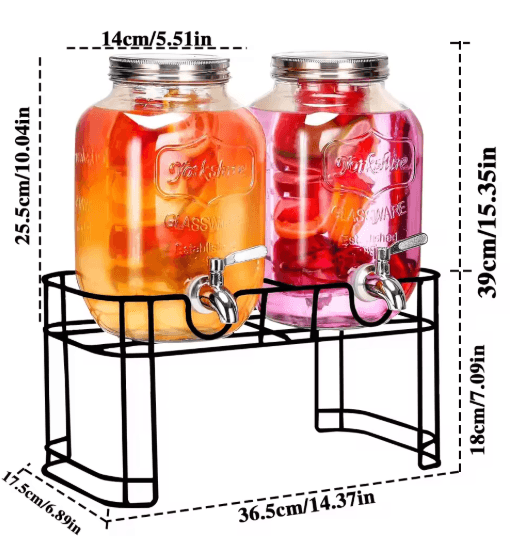 Elegant Glass Drink Dispenser Set 1 Gallon Beverage Dispenser with Stand & Steel Faucet 2 Pack