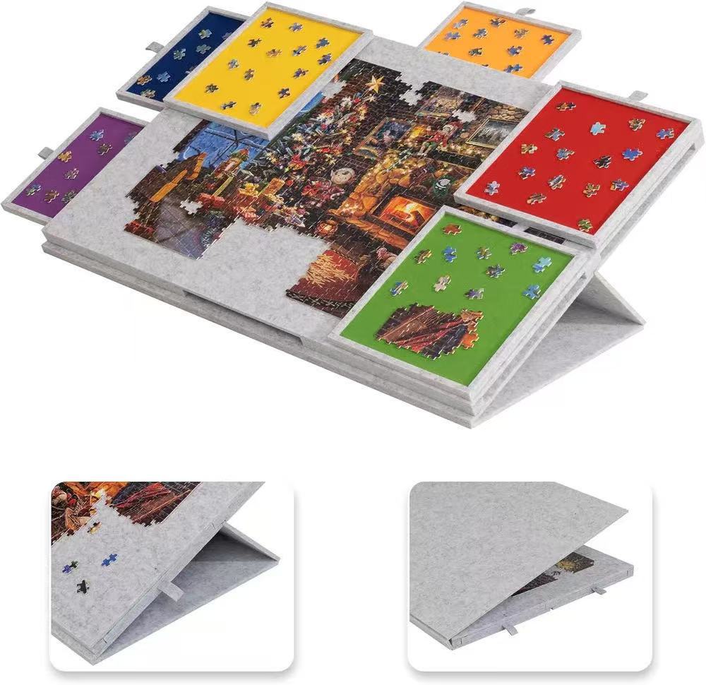 Portable Organizer for Unfinished Puzzles, Foldable Puzzle Mat With Sorting Trays Felt Jigsaw Puzzle Storage Mat