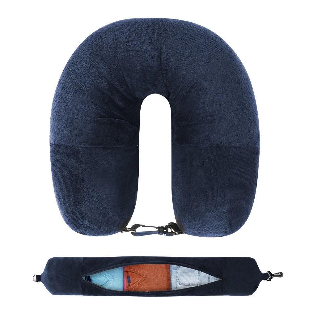 Travel Neck Pillow With Fillable Clothing Insert And Velvet Cover