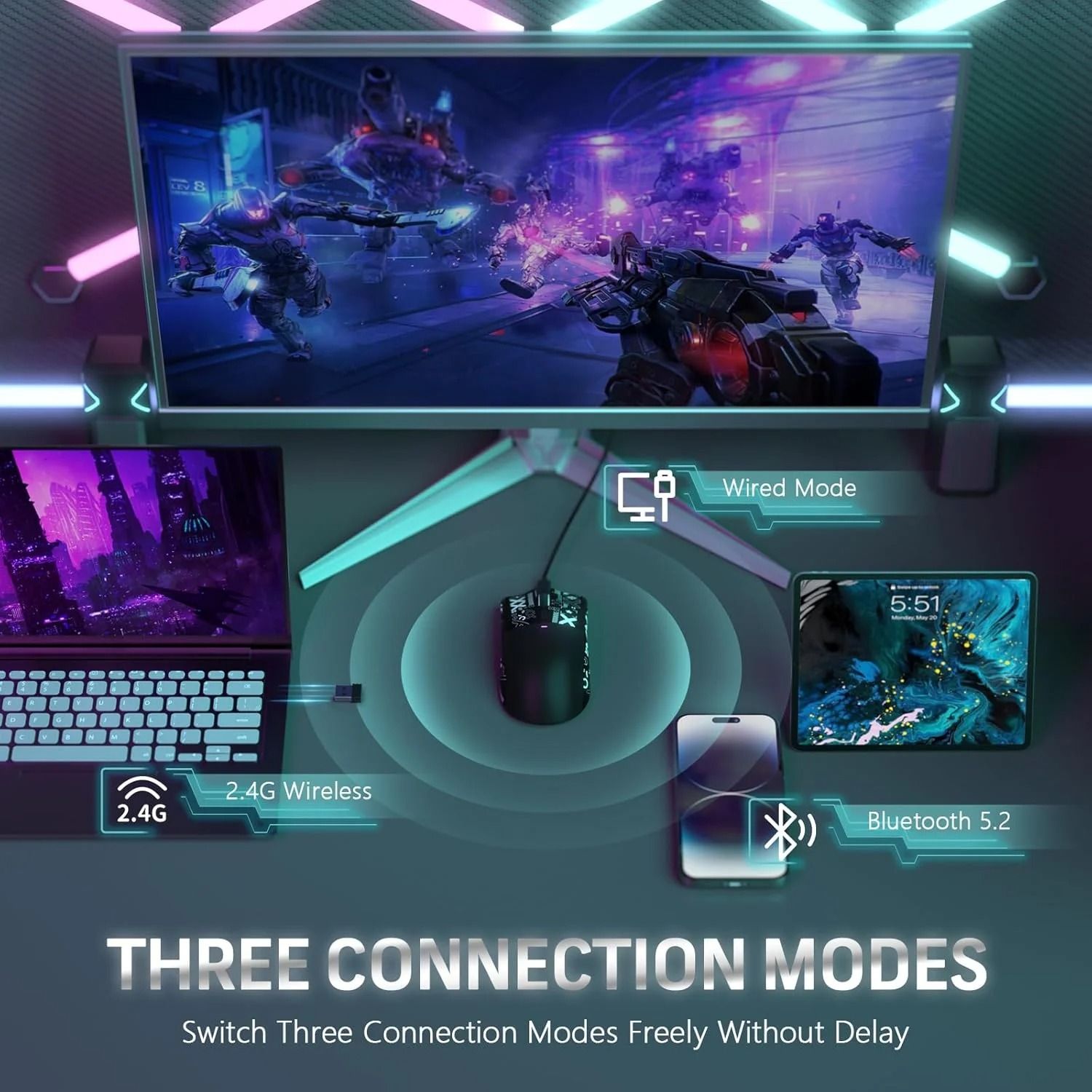 Ultralight Tri-Mode Wireless Gaming Mouse | 22K DPI & RGB Magnetic Charging Dock