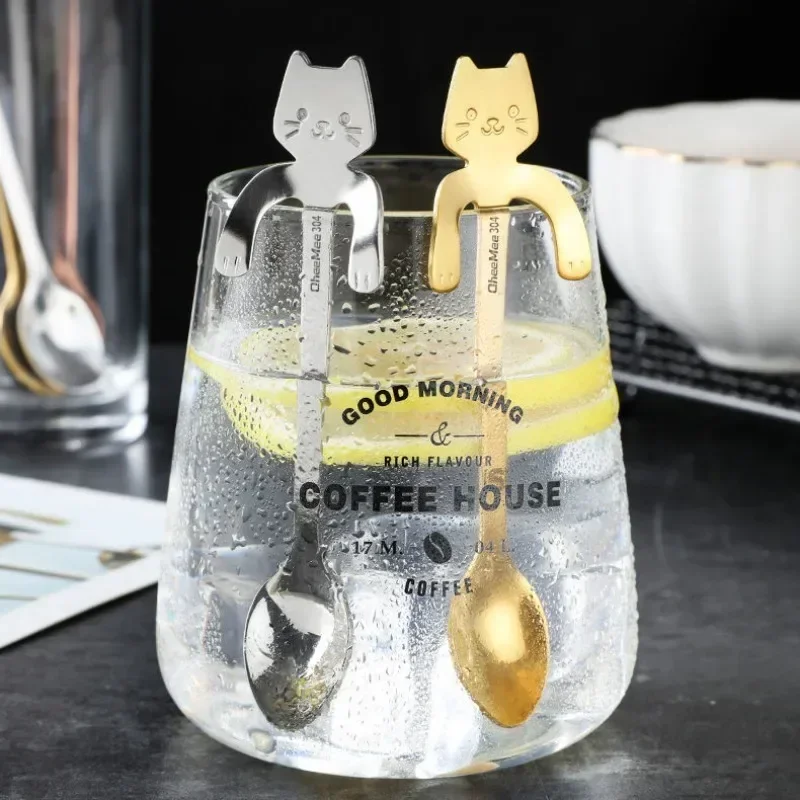 Stainless Steel Cat Spoon, Creative Cartoon Hanging Edge Spoon, Cute Coffee Spoon, Gold-plated Stirring Spoon for Tea