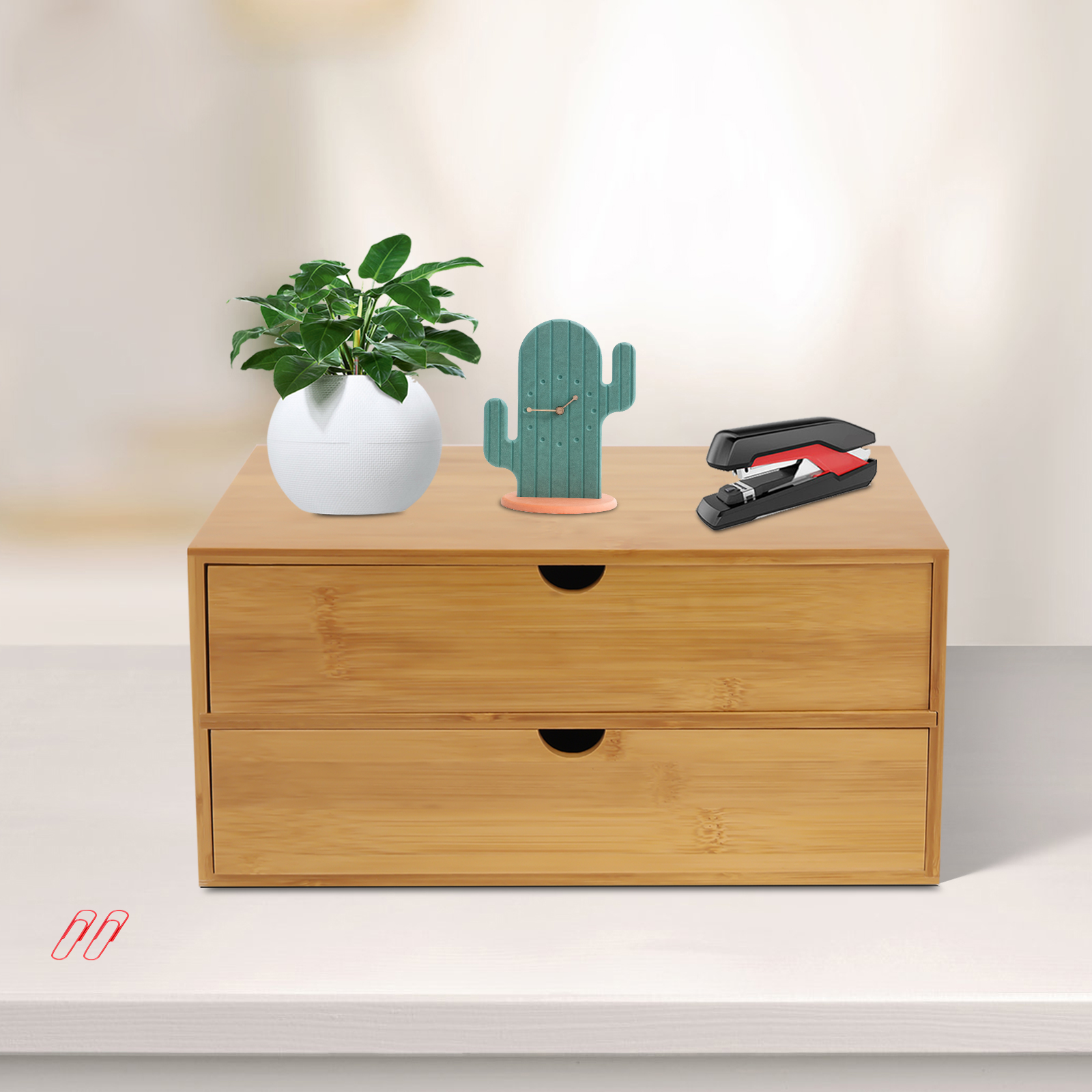 Natural Wood Desk Storage Tray, Bamboo Desktop Organizer with 2 Drawers for Office Home, Minimalist Style
