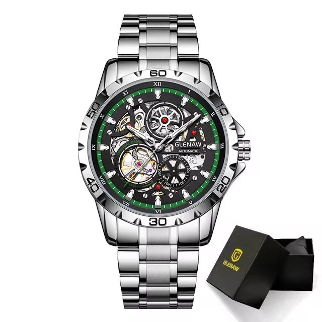 GLENAW Steampunk Skeleton Automatic Men's Watch – Luxury Mechanical Watch with Luminous Waterproof Design