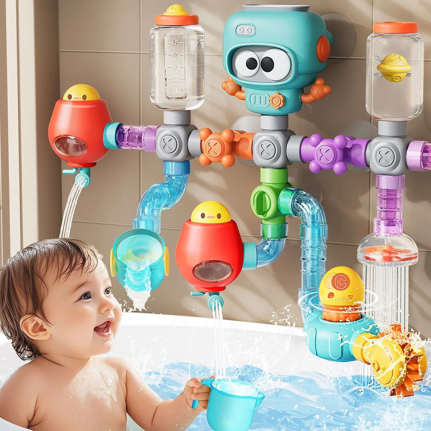 Splash and Spin Baby Bath Toys with Suction Cups and Water Tubes Set