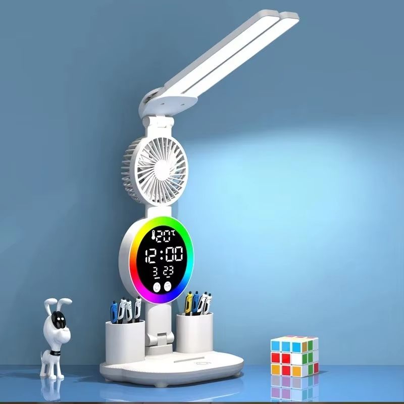 USB Charging LED Table Lamp with Adjustable Brightness Fan and Clock Display