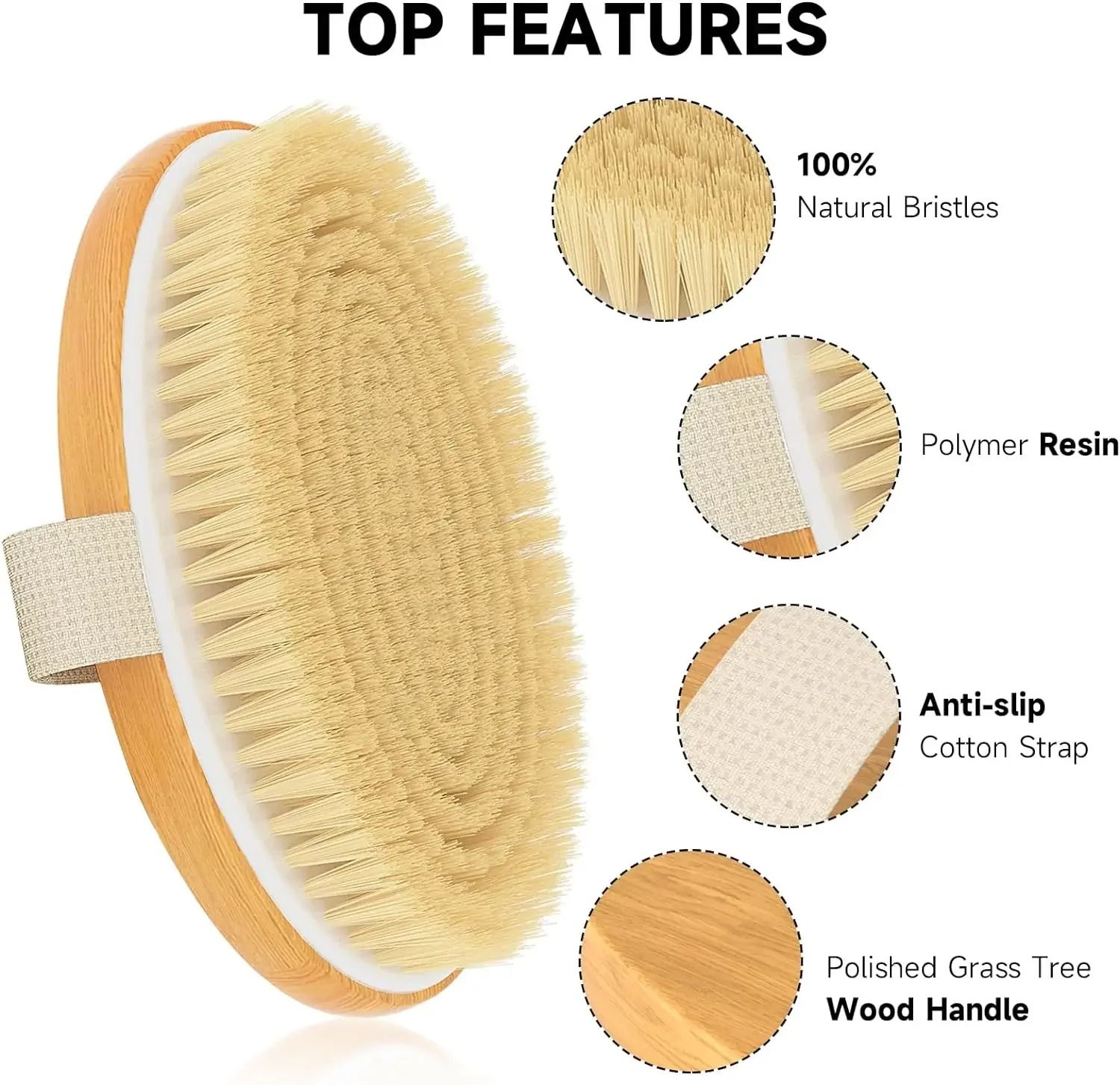Natural Bristle Body Exfoliating Brush Wet and Dry Skin Scrub Bath Tool