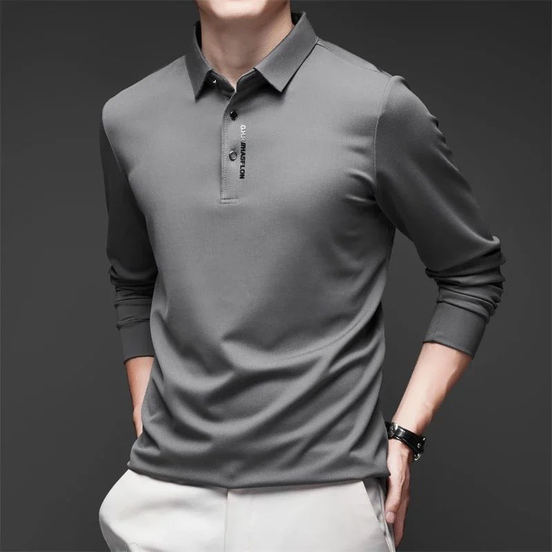 Men's Solid Polo Shirt – Long Sleeve Business Casual Polo with Badge, Anti-Wrinkle Breathable Shirt