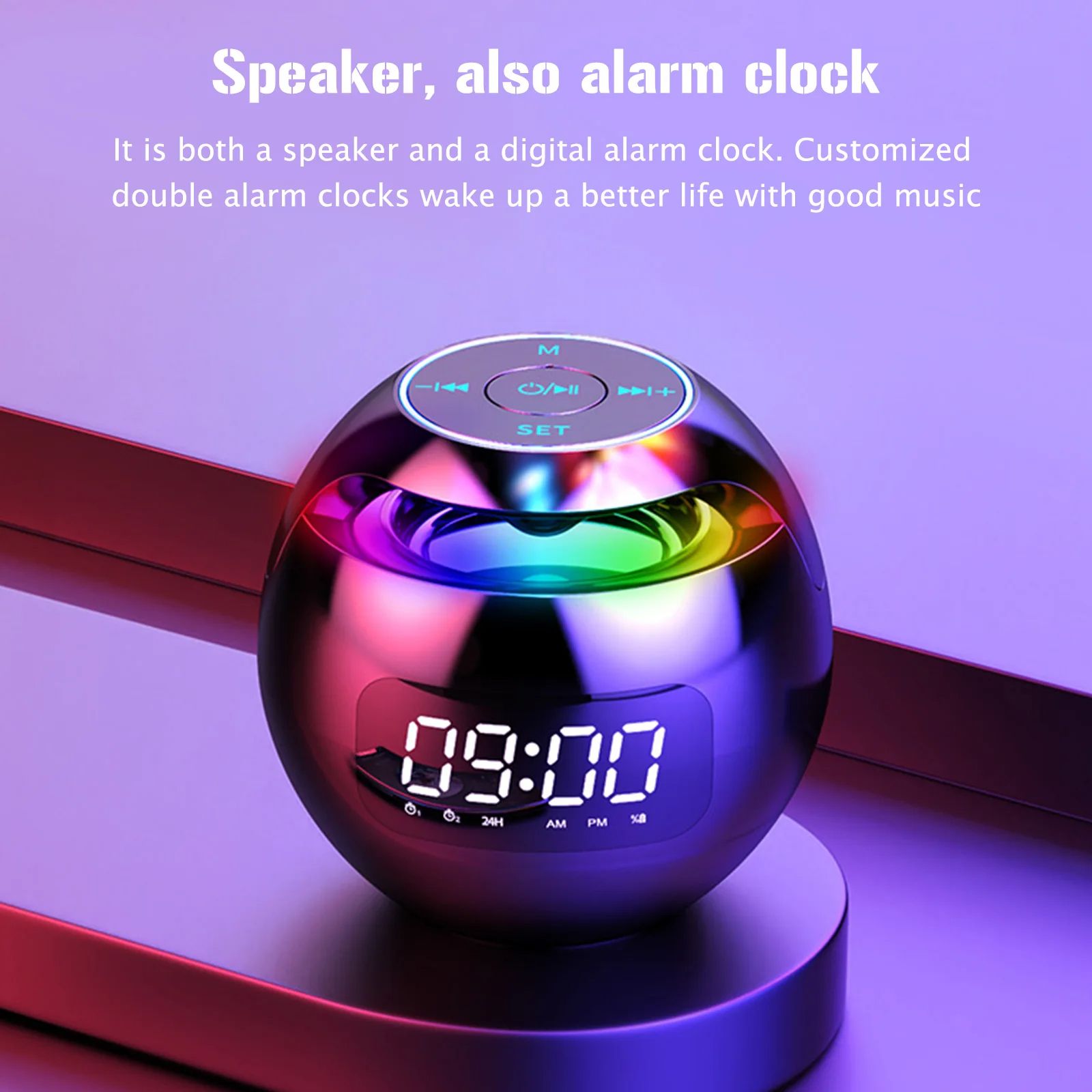 LED Smart Spherical Digital Alarm Clock with Portable Bluetooth Speaker