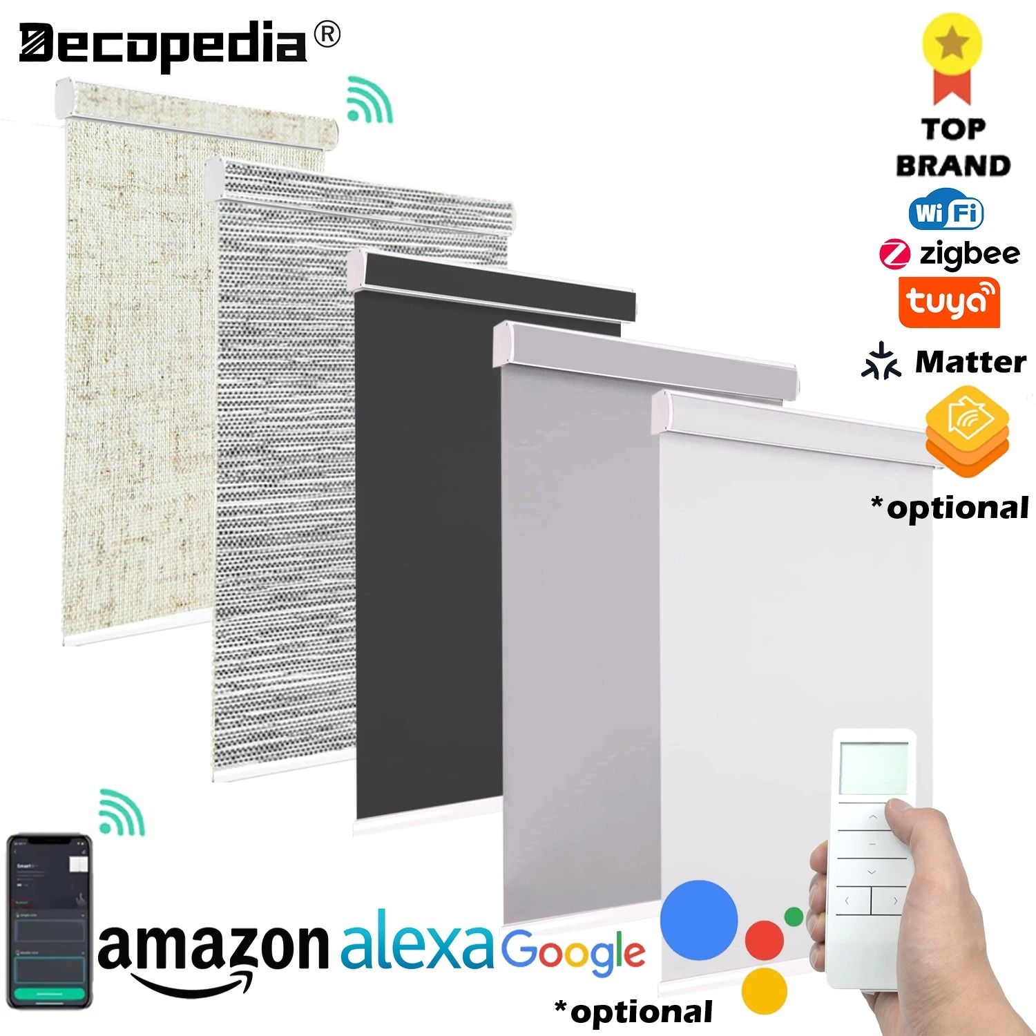 Decopedia Smart Motorized Roller Blinds - Cordless Blackout Day & Night System