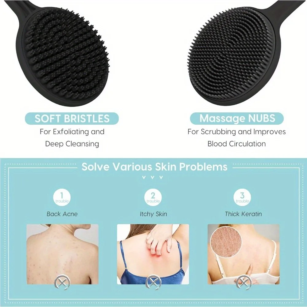 Shower Back Scrubber Brush with Silicone, Deep Cleansing & Exfoliating Massage, Long Handle