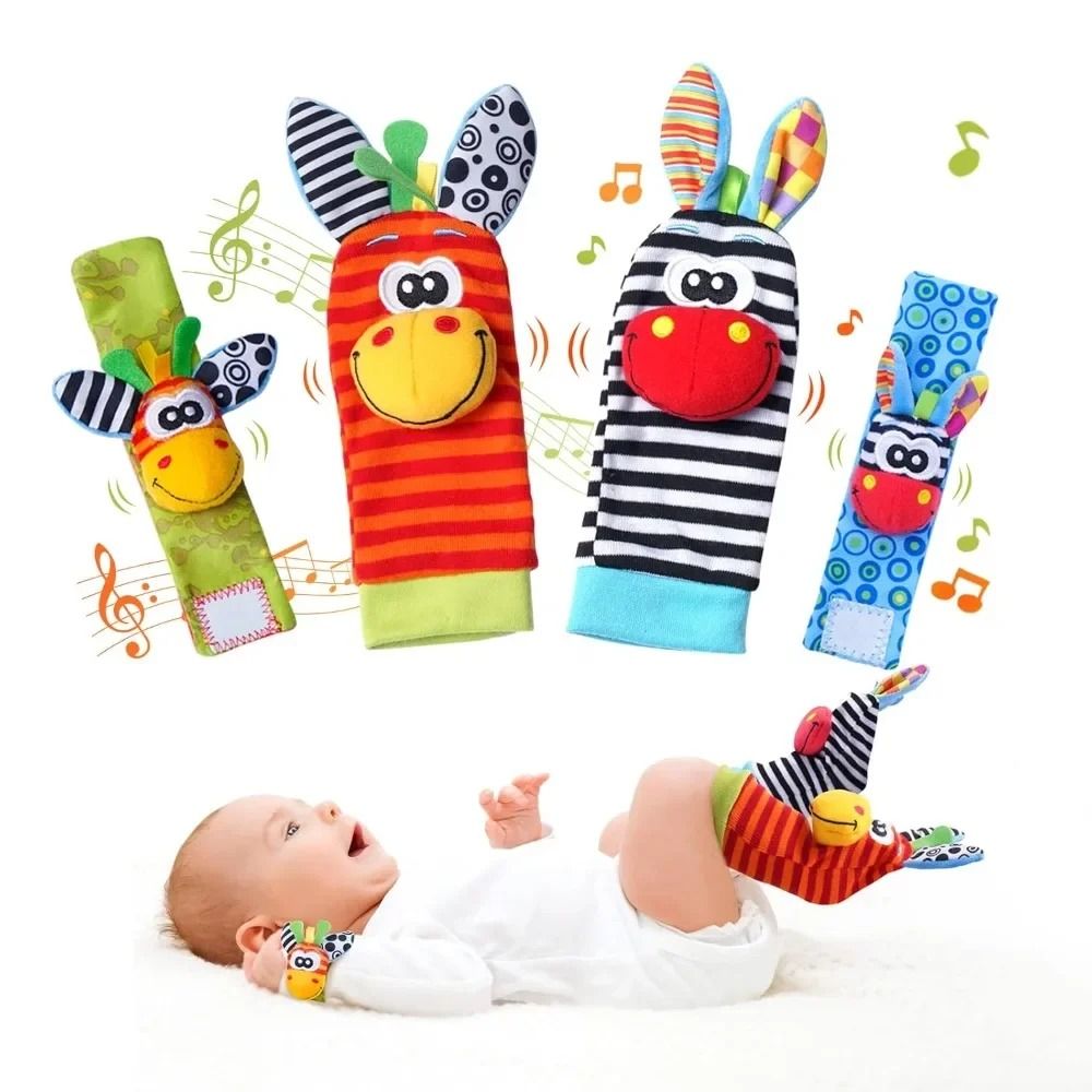 4Pcs Baby Rattles Toys Animal Socks and Wrist Strap Set for Infants 0-12 Months