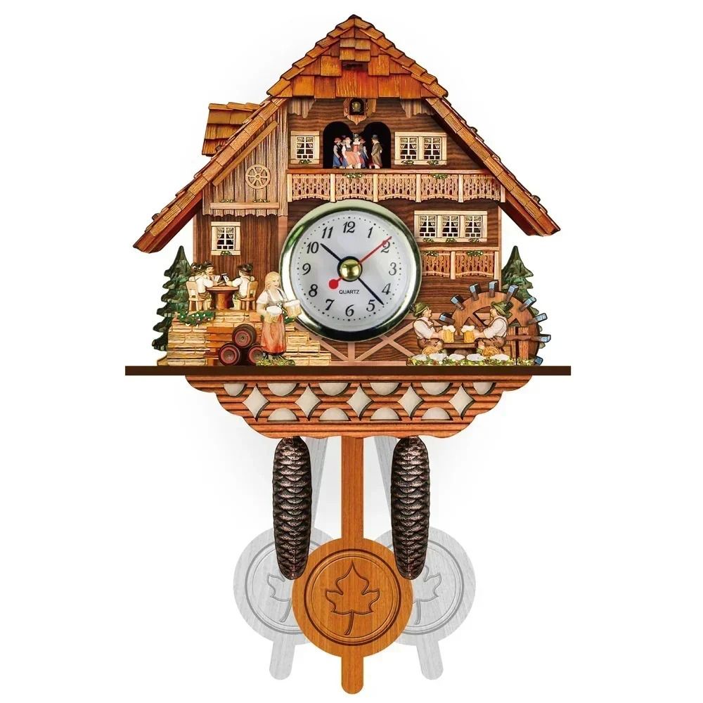 Wooden Cuckoo Wall Clock with Bird Alarm and Silent Quartz Movement