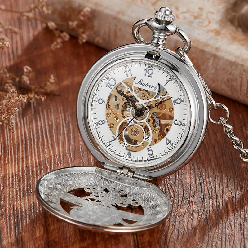 Mechanical Pocket Watch Star and Moon Phase Skeleton Design