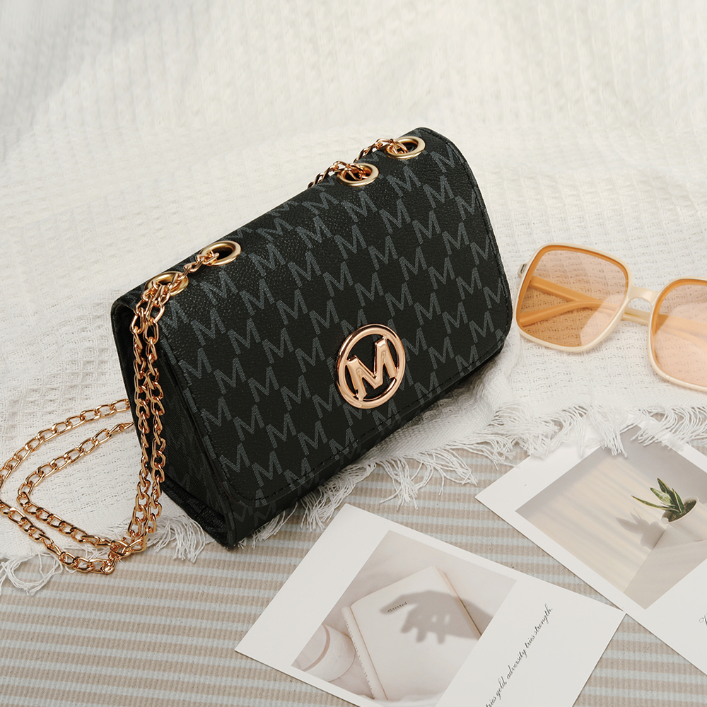 Womens Retro Monogram Chain Crossbody Bag Chic Black Square Design with Logo