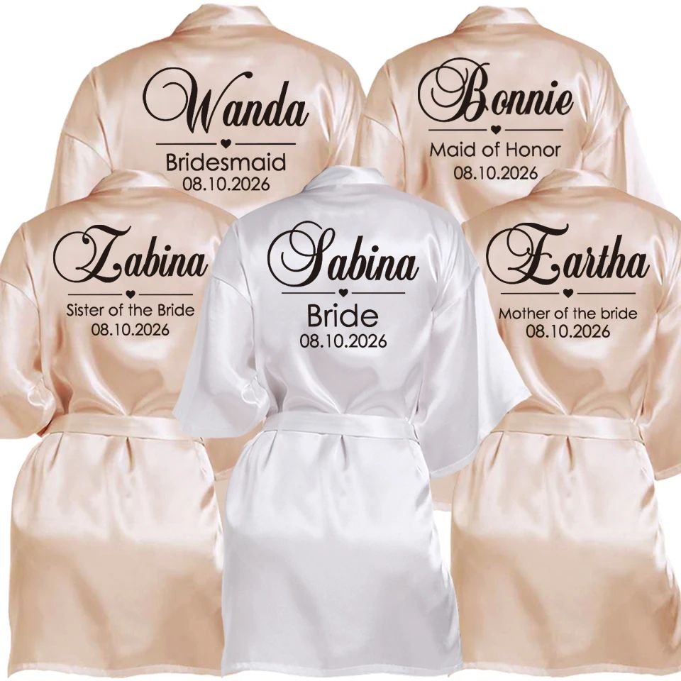 Personalized Faux Silk Bridal Robe with Custom Name & Date – Elegant Bride & Bridesmaid Getting Ready Robe