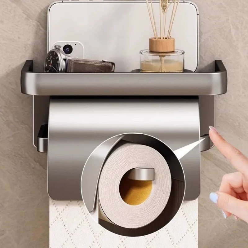 Self-Adhesive Toilet Paper Roll Holder with Shelf, Wall Mount Tissue Holder