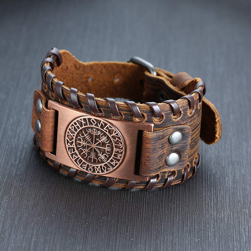 Men Vnox Wide Leather Wristband, Genuine Leather Punk Bangle with Metal Charm, Adjustable Fashion Cuff Bracelet Gift
