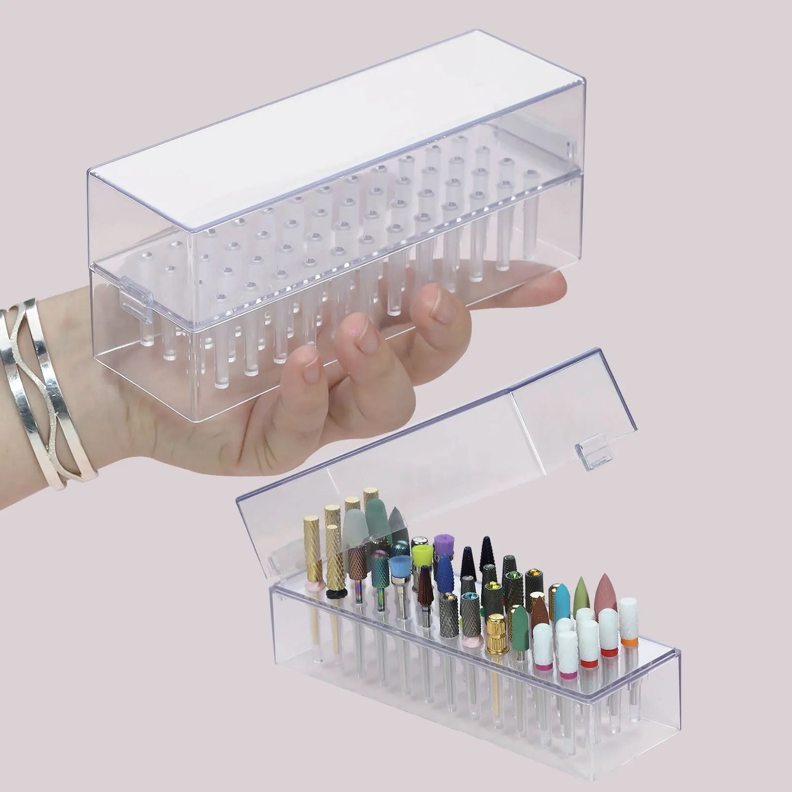 Transparent Nail Drill Bits Storage Box with 48 Holes Manicure Display Stand Organizer