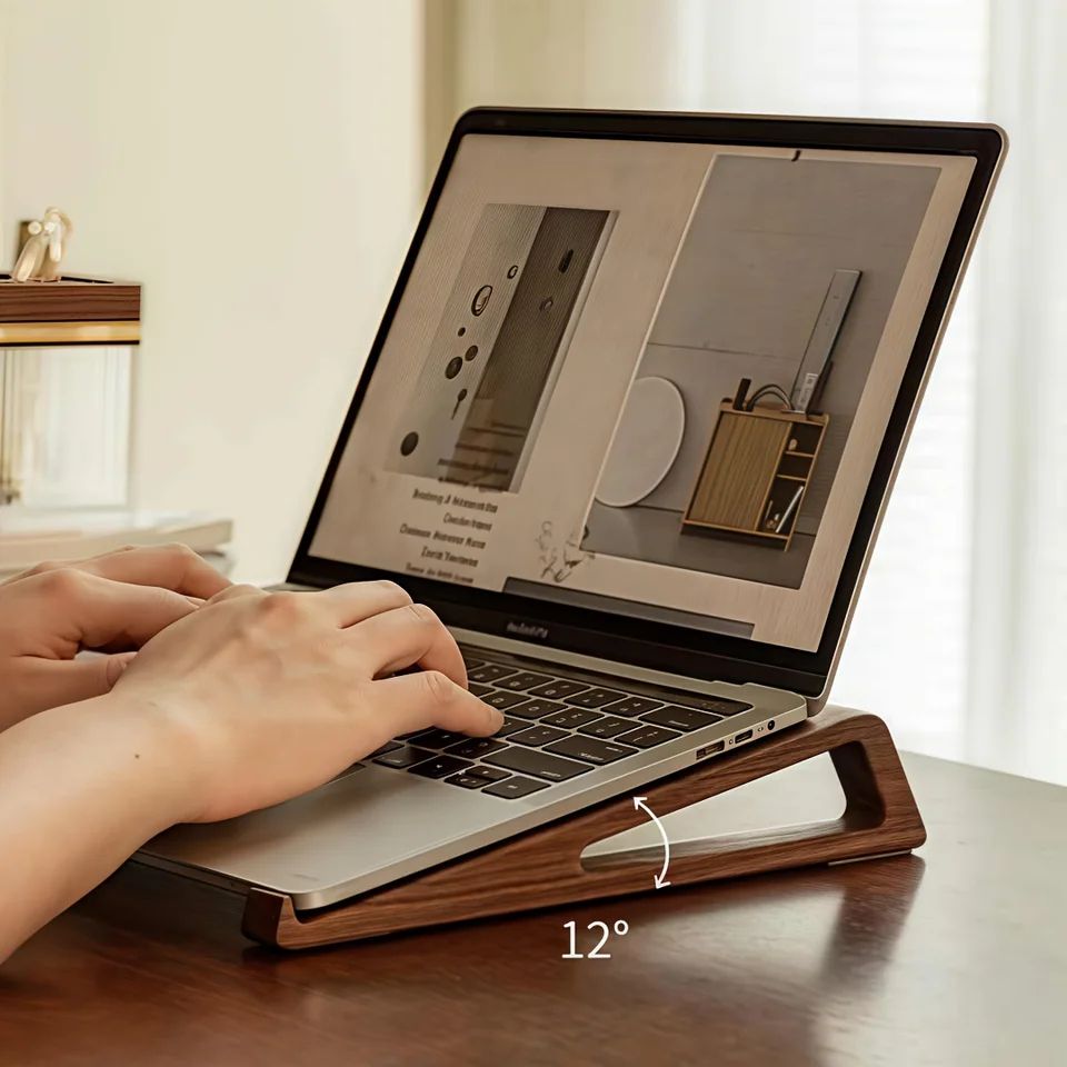 Portable wooden laptop stand – Foldable ergonomic laptop riser with 12° Angle & Ventilated Triangular Support