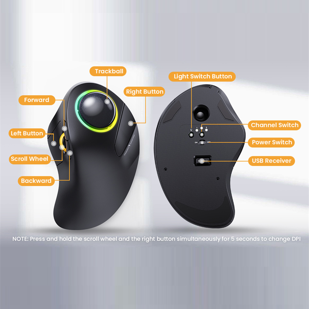 Ergonomic Rollerball Gaming Mouse, Rechargeable Wireless Trackball, & Bluetooth RGB Gear Adjustable