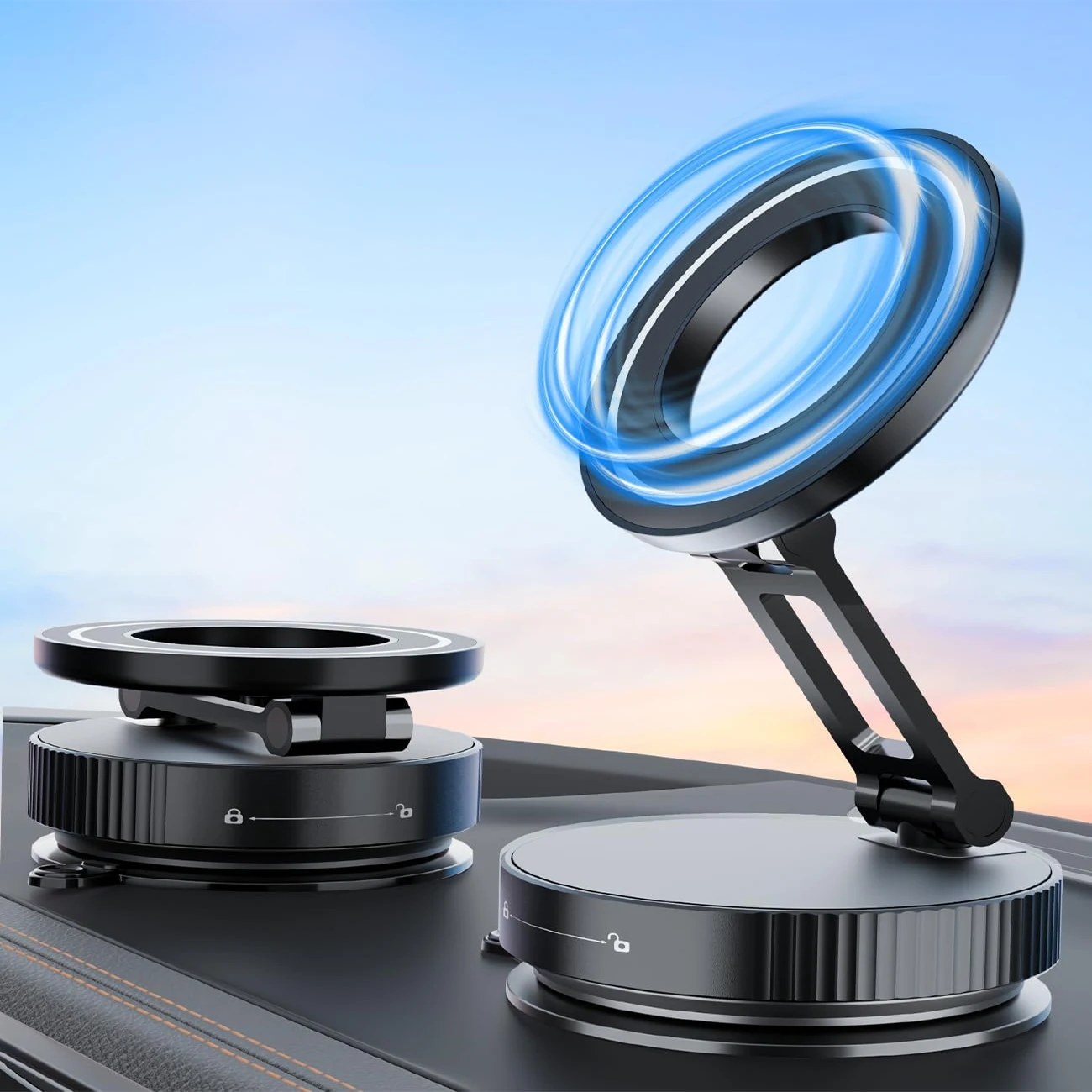 Magnetic Car Phone Mount, 360° Foldable Vacuum Magnetic Phone Holder, Hands-Free Suction Cup Phone Holder
