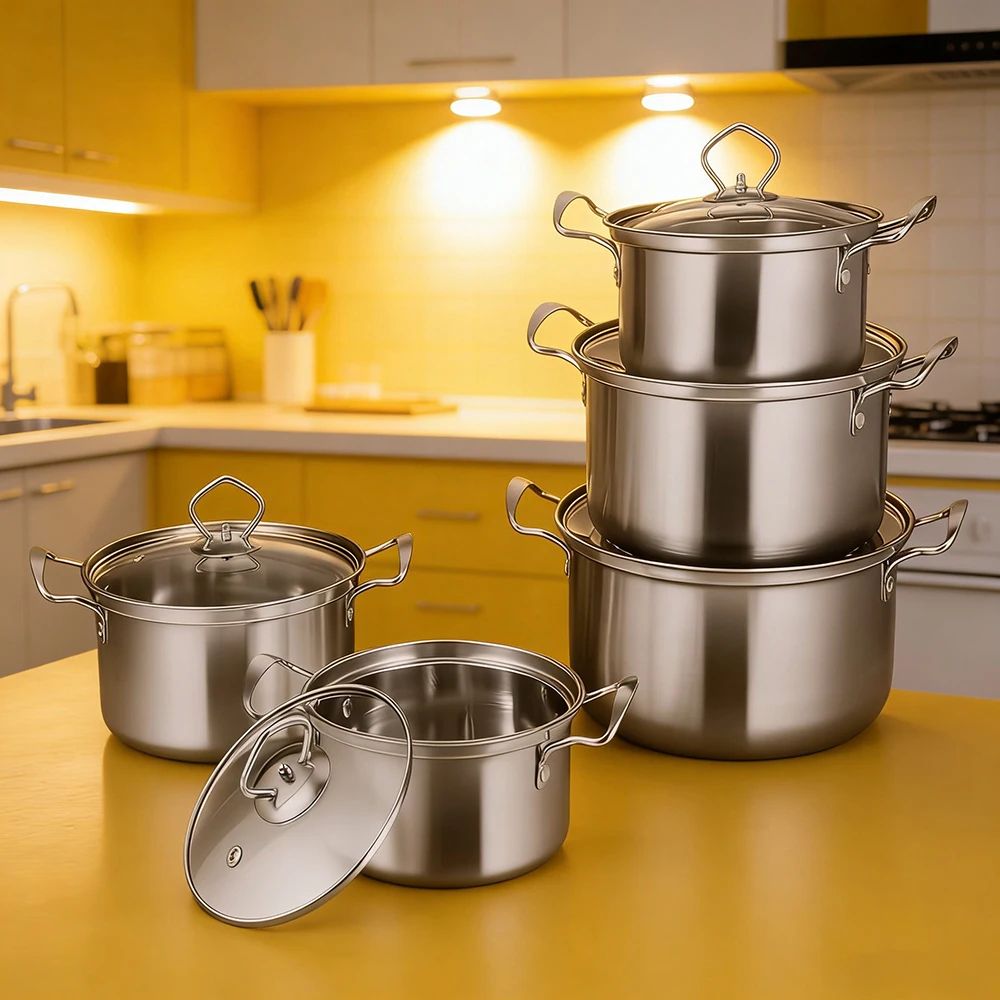15 Pcs Stainless Steel Cookware Set – Nonstick Pots & Pans with Frying Pan, Wok & Stew Pot, Durable Kitchen Set