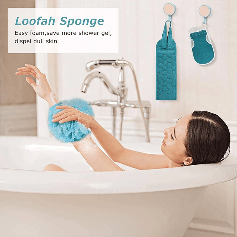 Exfoliating Body Scrubber Set with Back Scrubber Bath Glove and Loofah Sponge