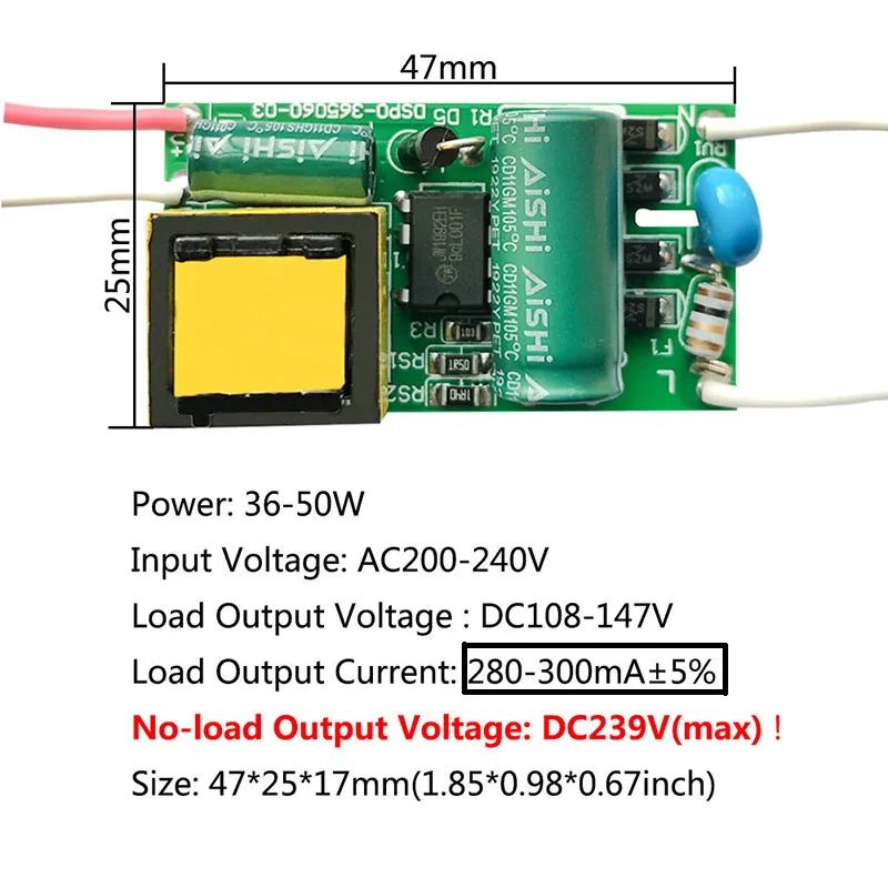 Non-Isolated constant current LED driver AC to DC Converter Power Unit 8W–50W (250mA/300mA)