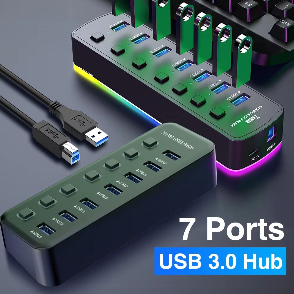 HyperLink RGB USB 3.0 7-Port High-Speed Hub with Individual Switches