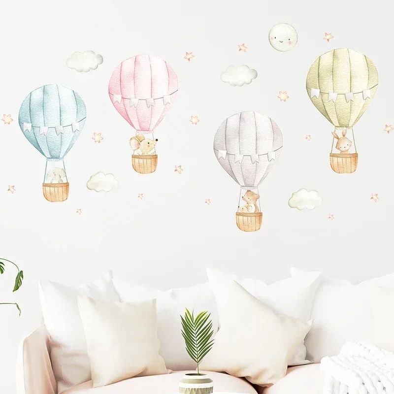 Whimsical Watercolor Hot Air Balloon Animal Wall Decals