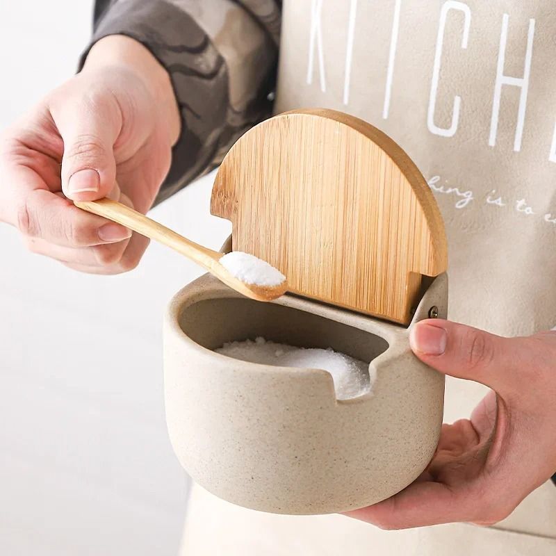 Japanese Style Ceramic Seasoning Jar Set With Bamboo Lid And Spoon