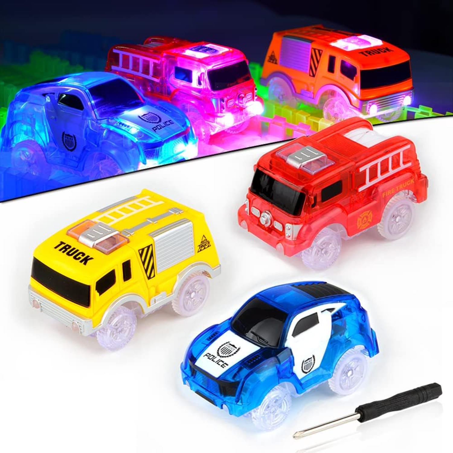 Tracks Cars Only, Replacement Flex Race Cars, Magic Tracks LED Lights Up for Kids, Glow in the Dark Car Tracks