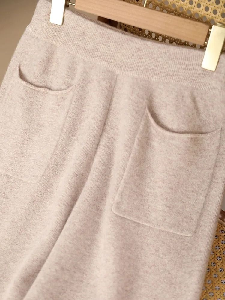 Women 100% Merino Wool Knitted Wide Leg Pants Autumn Winter Loose Soft Warm Bottoms with Pockets