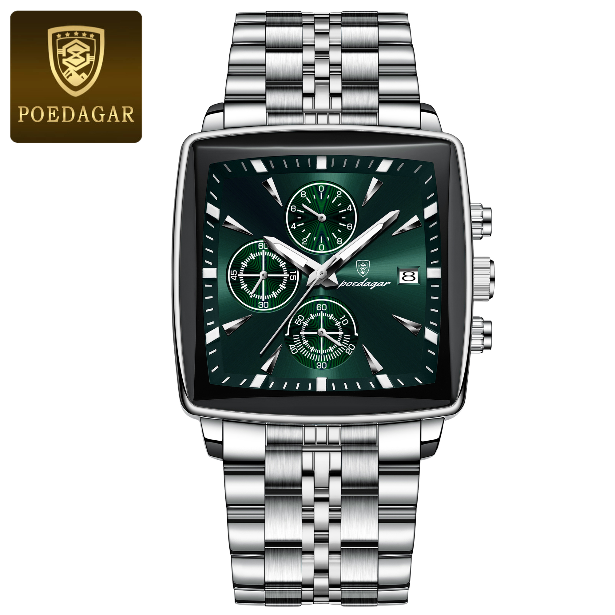 Square Stainless Steel POEDAGAR Fashion Men Watch Quartz Chronograph, Luminous Waterproof Date Wristwatch