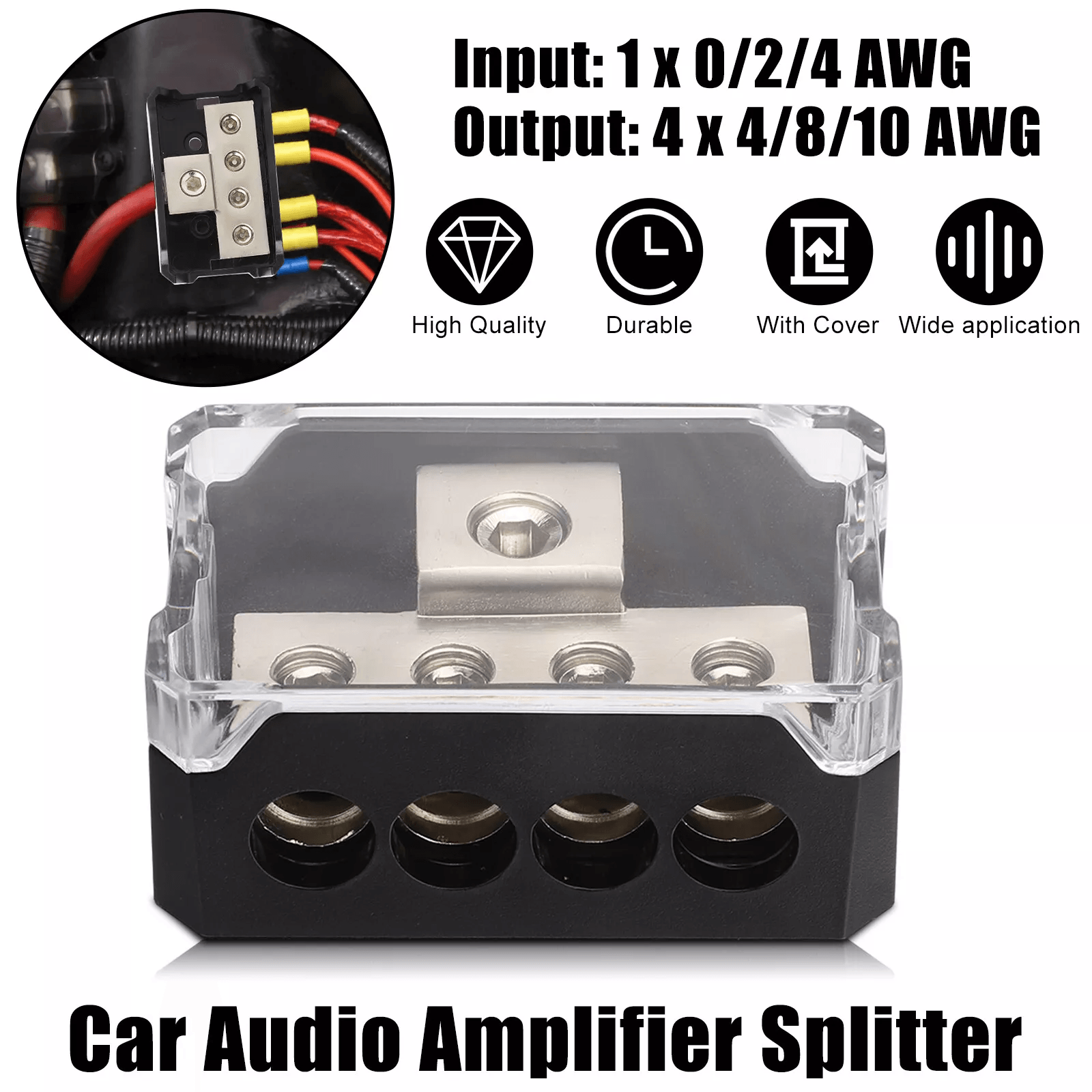 1 In 4 Out Power Ground Distribution Block 0/2/4 Gauge Input Gauge Output for Car Audio Amp and Stereo System