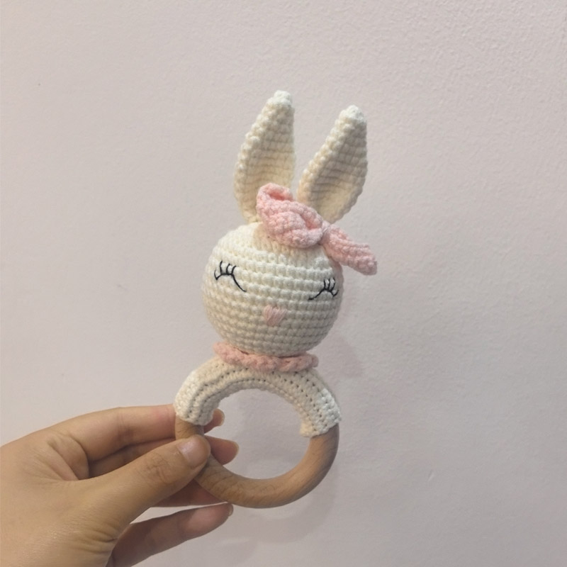 Long Ear Bunny Baby Rattler Safety Wooden Teether Mobile Crib Bell Teething Toy