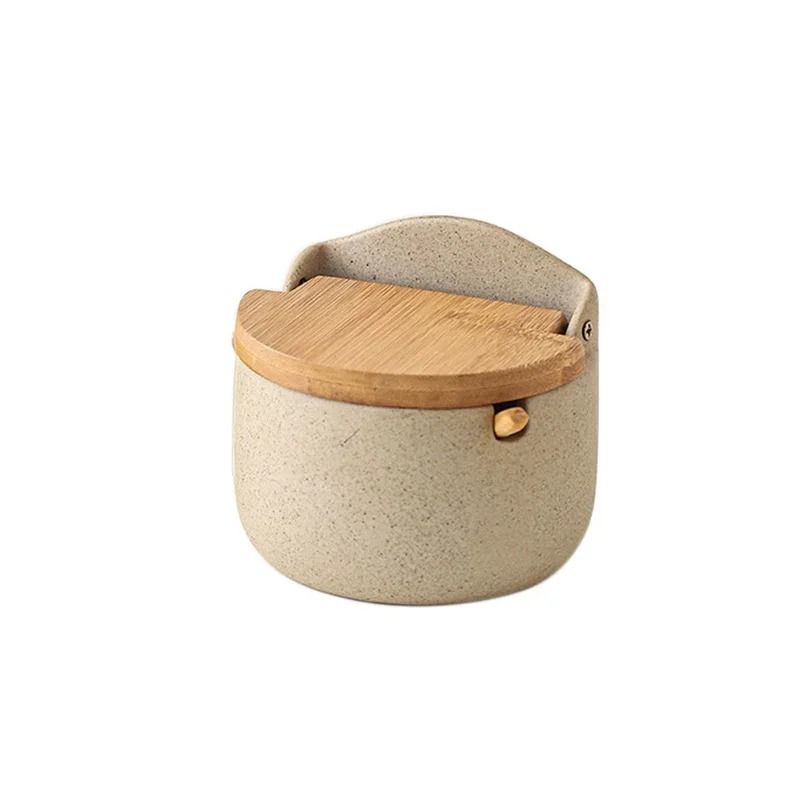 Japanese Style Ceramic Seasoning Jar Set With Bamboo Lid And Spoon