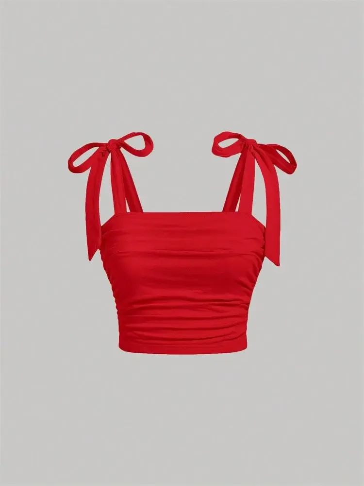 Solid Tie Shoulder Ruched Crop Cami – Y2K Backless Bow Streetwear Top