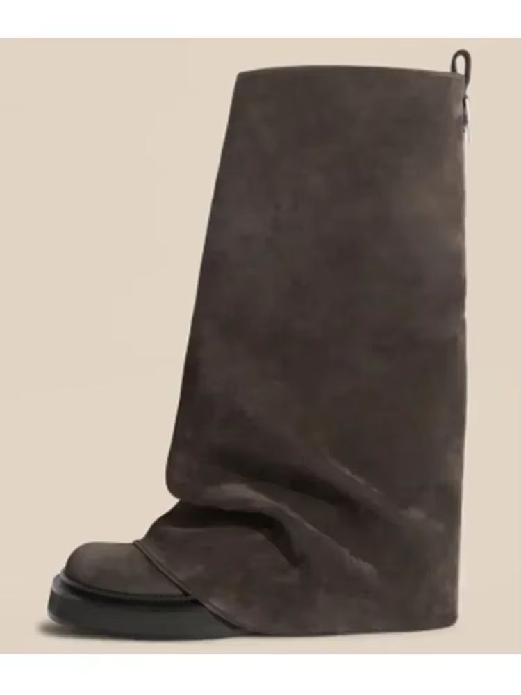Women's Autumn Winter Calf Boots – Pleated Leather Mid-Leg Design with Thick High Heels